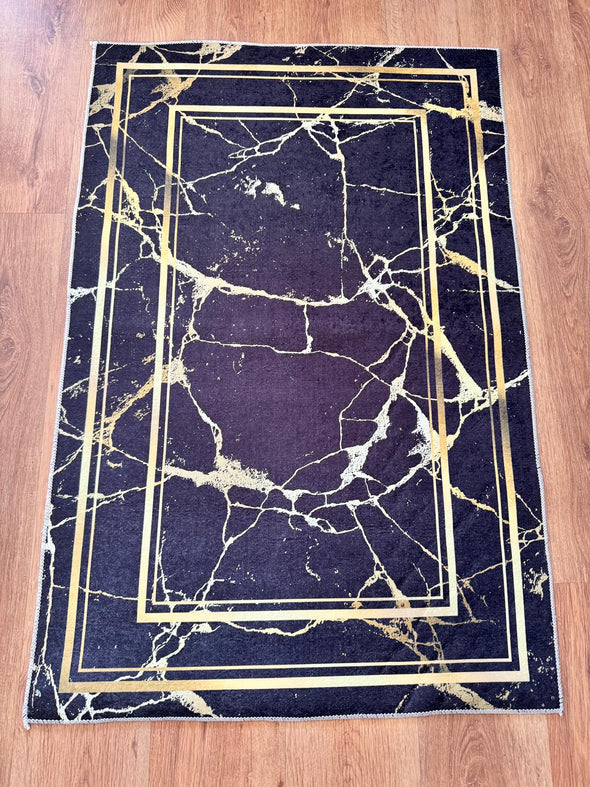 Covor elegant „Black marble” subtire negru cu auriu 79x118 cm
