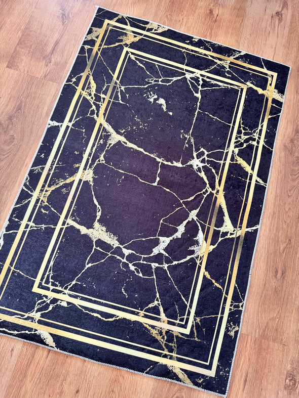 Covor elegant „Black marble” subtire negru cu auriu 79x118 cm