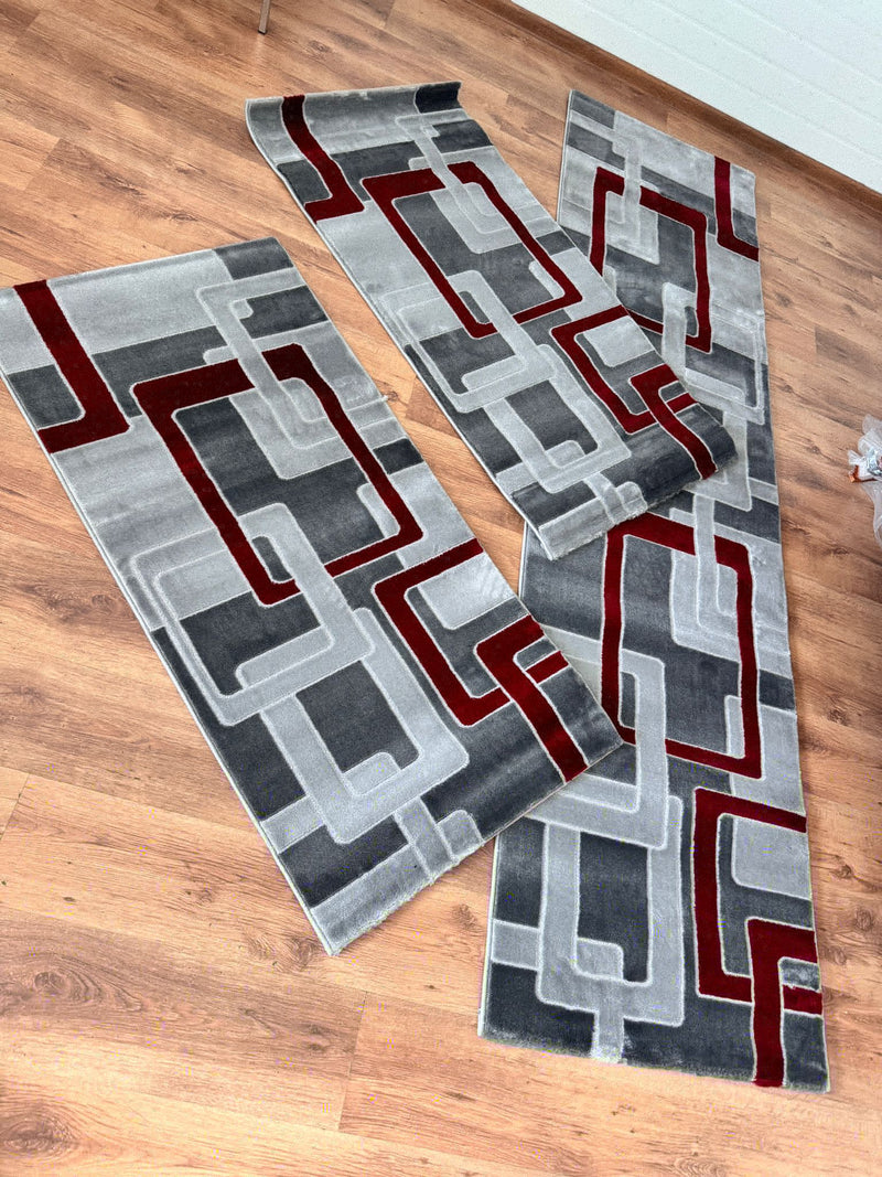 set 3 covoare Maxim cu design geometric gri cu roșu 70 cm lățime - LunaHome.ro
