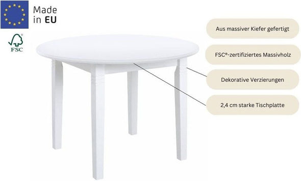 Masă rotunda Danuta albă din lemn de pin 90 cm