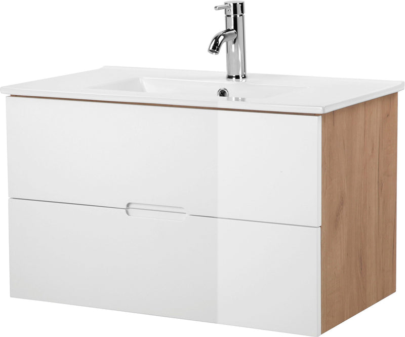 Masca lavoar Lund cu chiuveta inclusa, 2 sertare alb lucios, 80 cm - LunaHome.ro