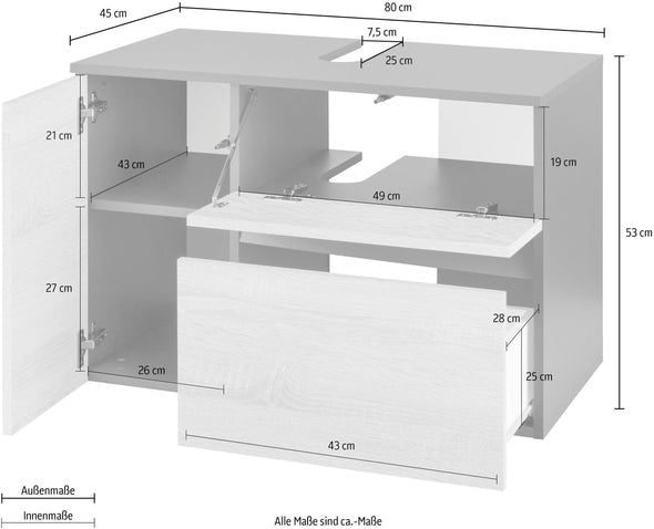 Masca lavoar »Wisla« stejar riflaj, 1 clapa, 1 usa, 1 sertar, 80 cm latime - LunaHome.ro