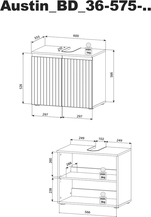 Masca pentru lavoar suspendat Austin model riflaj 60 cm lățime - LunaHome.ro