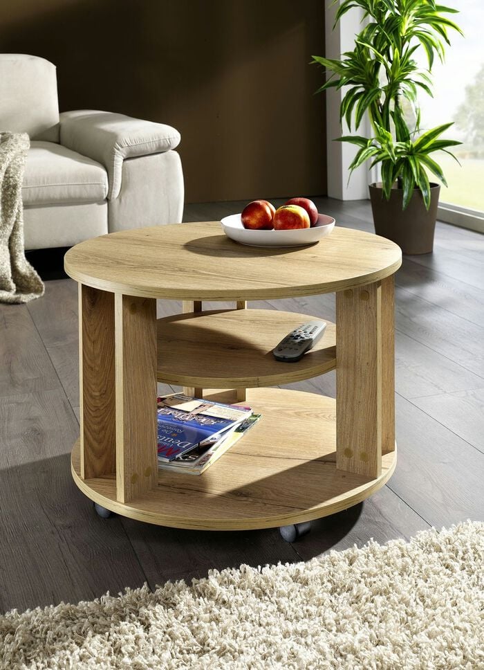 Măsuță de cafea Bader rotunda cu rafturi și roți 63 cm diametru - LunaHome.ro