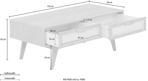 Măsuță de cafea Bridget cu sertare, aspect scandinav, 110x50 cm