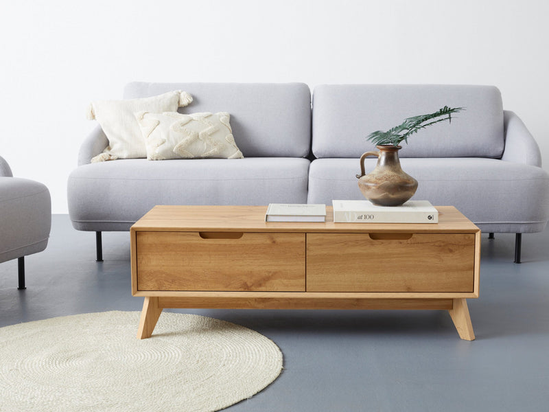 Măsuță de cafea Pandrup cu sertare, aspect de stejar 110x50 cm - LunaHome.ro
