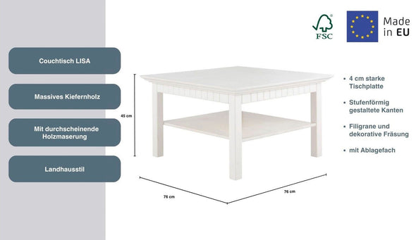 Masuta cafea Lisa din lemn de pin alba 76x76 cm - LunaHome.ro