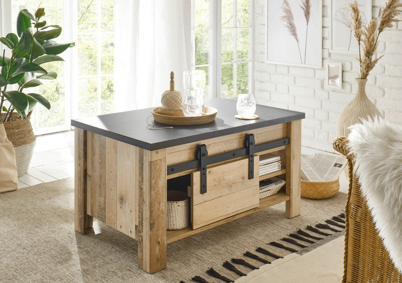 Masuta de cafea Sherwood cu aspect de lemn, accesorii metalice, 93x60 cm - LunaHome.ro