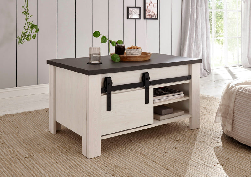 Masuta de cafea Sherwood cu aspect de lemn, accesorii metalice, 93x60 cm - LunaHome.ro