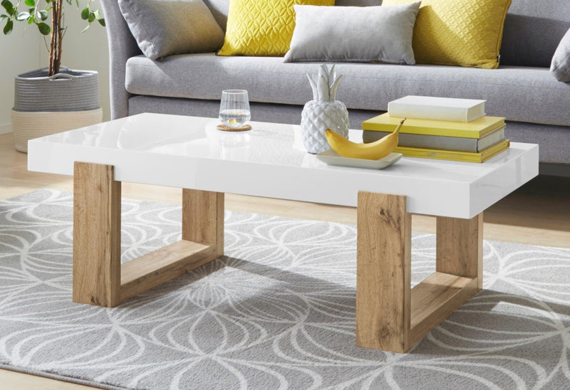 Masuta de cafea Solid, cu blat alb lucios, picioare din lemn 120x60 cm - LunaHome.ro