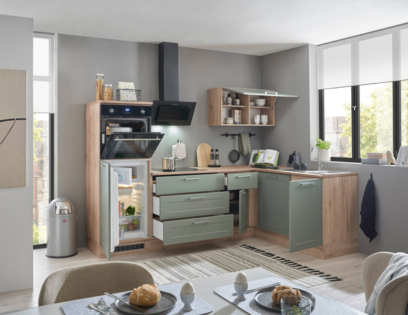 Mobila de bucatarie Marsi pe colț in nuante de stejar si verde 260x175 cm - LunaHome.ro