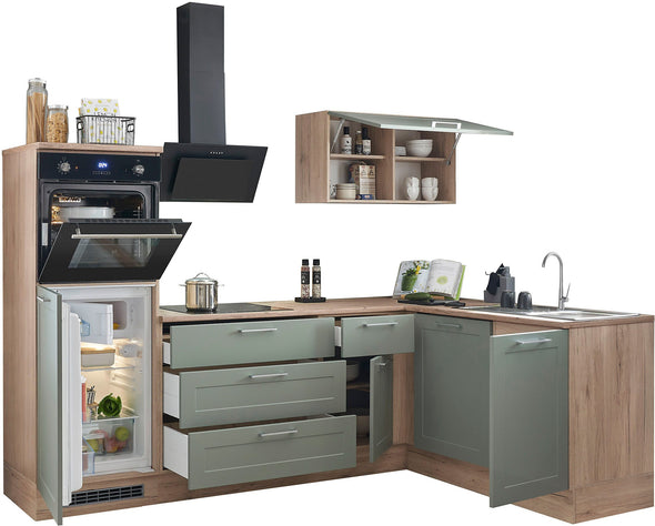 Mobila de bucatarie Marsi pe colț in nuante de stejar si verde 260x175 cm - LunaHome.ro
