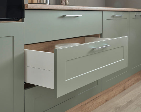 Mobila de bucatarie Marsi pe colț in nuante de stejar si verde 260x175 cm - LunaHome.ro