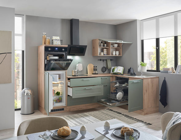 Mobila de bucatarie Marsi pe colț in nuante de stejar si verde 260x175 cm - LunaHome.ro