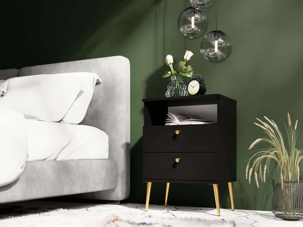 Noptiera Elyria cu design elegant negru, manere metalice 50 cm - LunaHome.ro