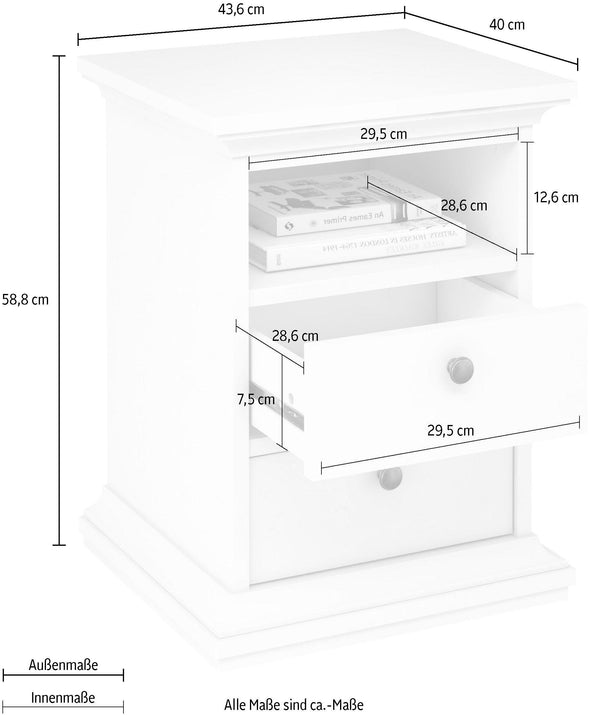 Noptiera Paris albă in stil romantic cu 2 sertare 44 cm lățime - LunaHome.ro