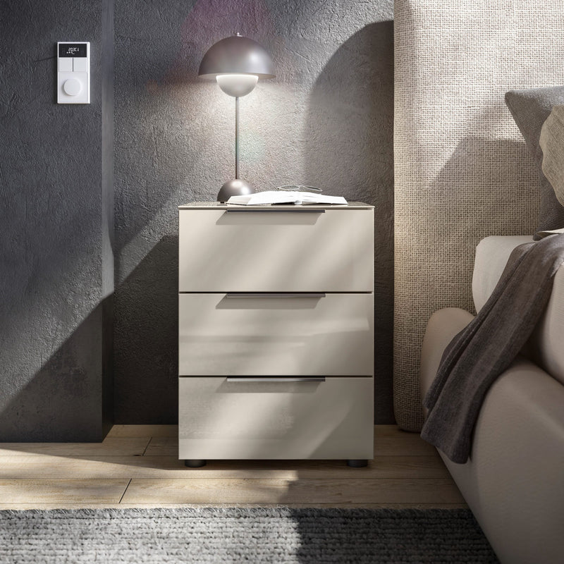 Noptiera Santorin cu 3 sertare fronturi si blat din sticla bej 45 cm - LunaHome.ro