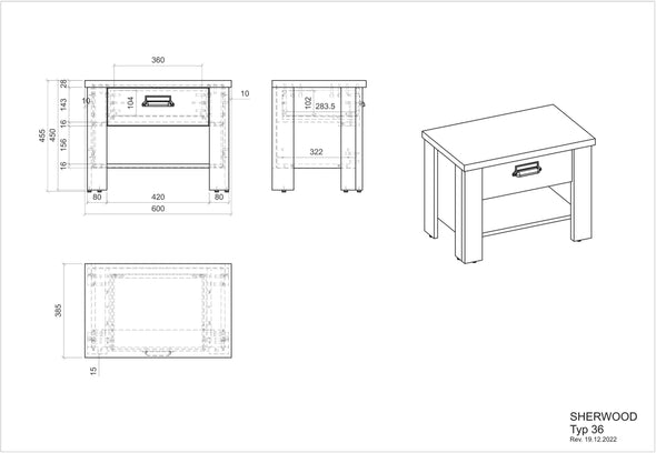 Noptieră Sherwood cu aspect de lemn industrial, 60 cm lățime - LunaHome.ro