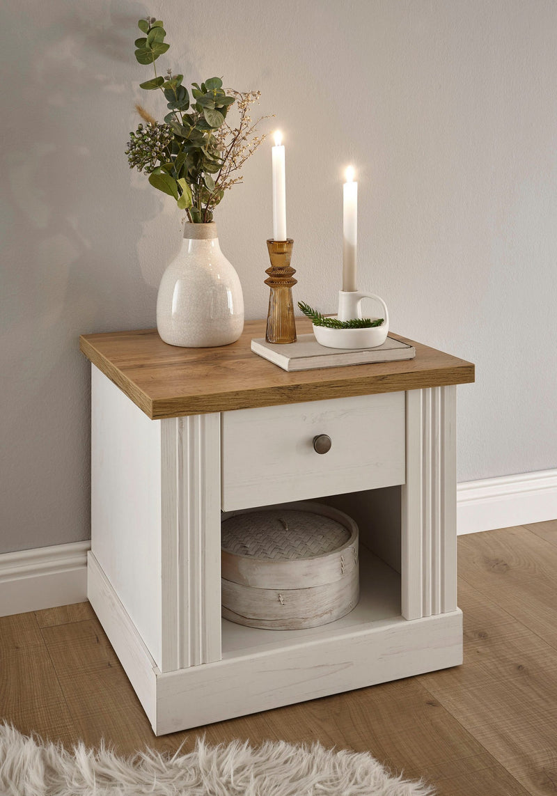 Noptiera WESTMINSTER cu 1 sertar, alba cu aspect de lemn - LunaHome.ro