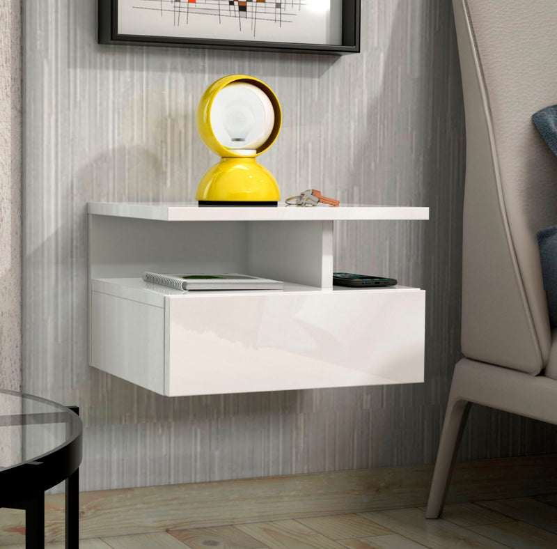 Noptiera suspendata Roma alb lucios, cu design minimalist 35,5 cm latime - LunaHome.ro