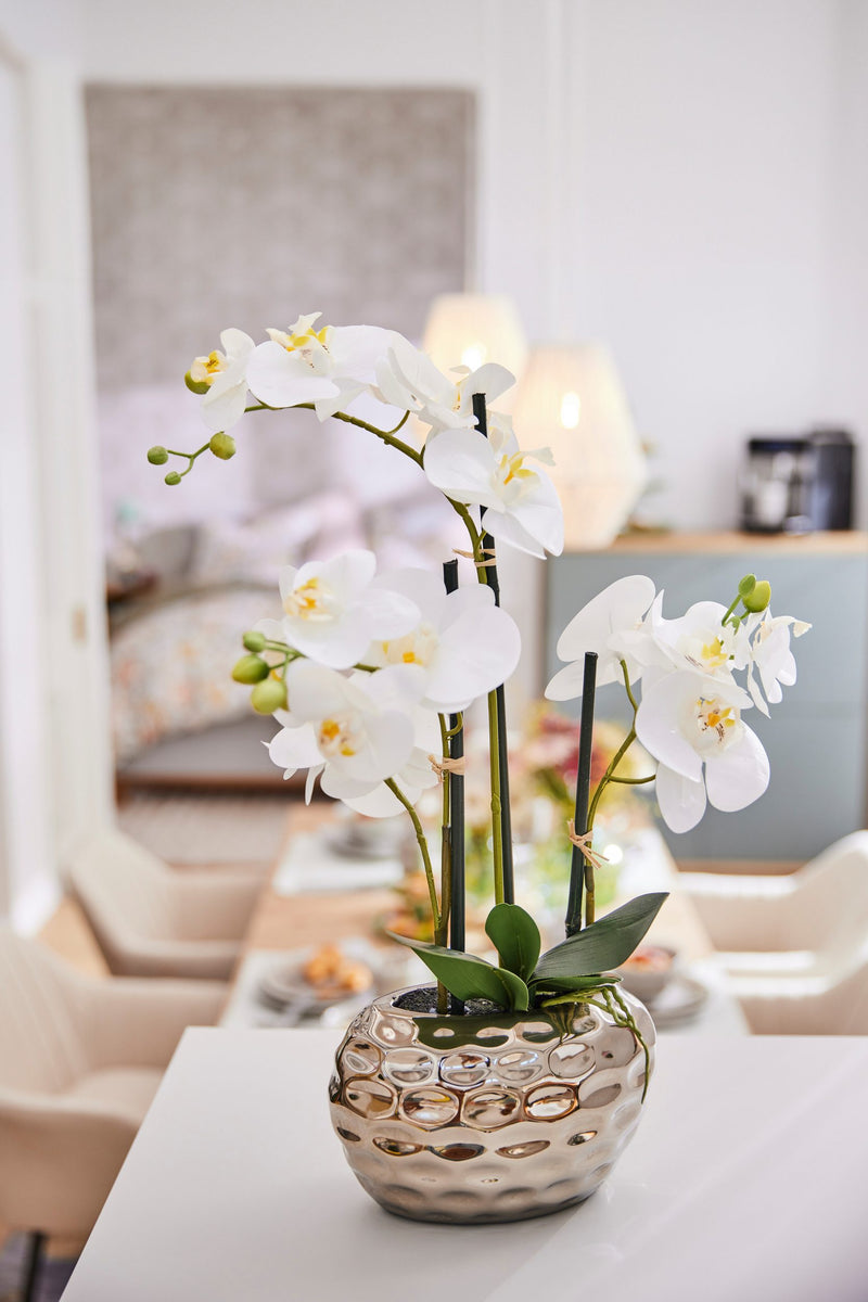 Orhidee artificiala in vas ceramic argintiu 38 cm inaltime - LunaHome.ro