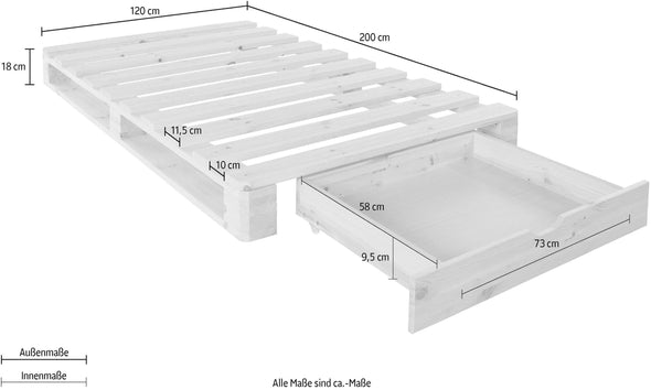 Pat Alasco cu sertar din lemn de pin alb cu aspect industrial 120x200 cm