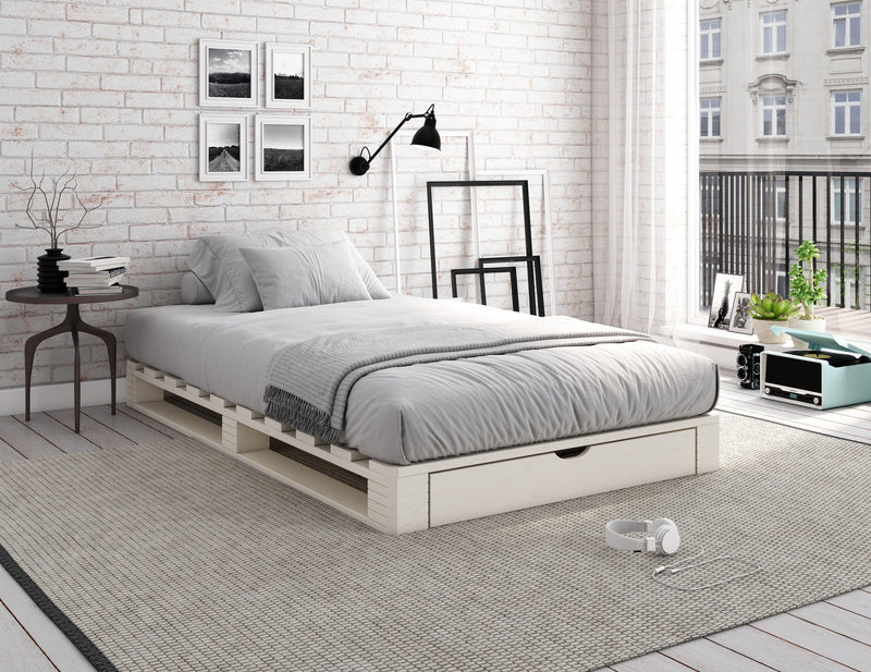 Pat Alasco cu sertar din lemn de pin alb cu aspect industrial 120x200 cm - LunaHome.ro