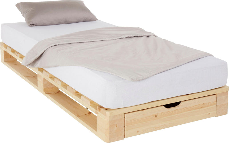 Pat Alasco cu sertar din lemn de pin cu aspect industrial 90x200 cm