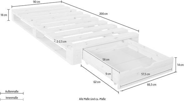 Pat Alasco cu sertar din lemn de pin alb cu aspect industrial 90x200 cm - LunaHome.ro