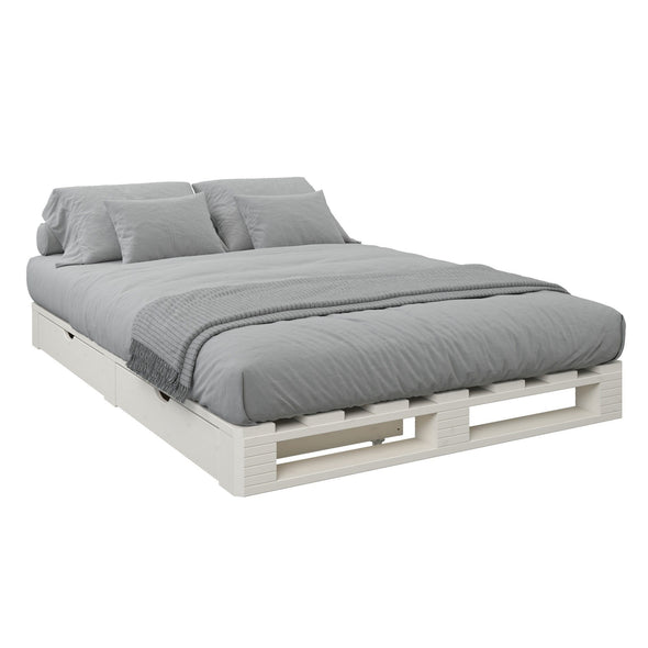 Pat Alasco cu sertare din lemn de pin alb cu aspect industrial 140x200 cm - LunaHome.ro