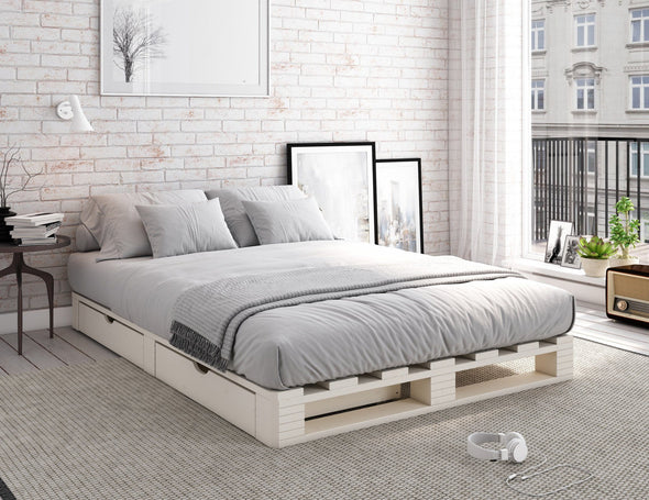 Pat Alasco cu sertare din lemn de pin alb cu aspect industrial 140x200 cm - LunaHome.ro
