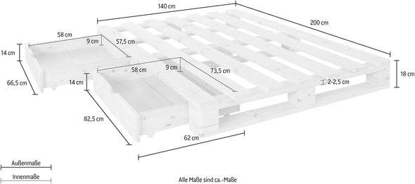 Pat Alasco cu sertare din lemn de pin alb cu aspect industrial 140x200 cm - LunaHome.ro
