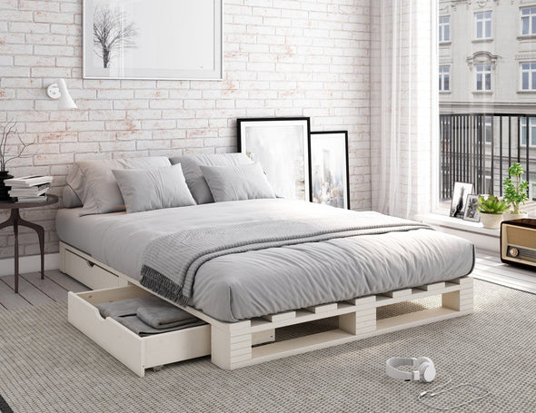 Pat Alasco cu sertare din lemn de pin alb cu aspect industrial 140x200 cm - LunaHome.ro