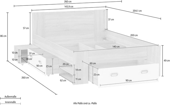 Pat Bob cu sertare si noptiere incluse alb cu stejar, 140x200 cm - LunaHome.ro