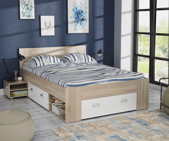 Pat Bob cu sertare si noptiere incluse alb cu stejar, 140x200 cm - LunaHome.ro