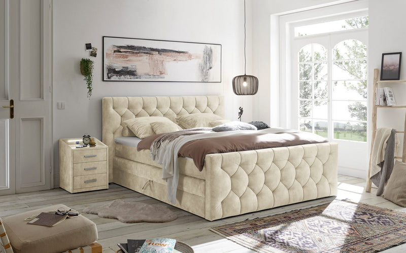 Pat BoxSpring Cashfield crem complet cu depozitare 180x200 cm - LunaHome.ro
