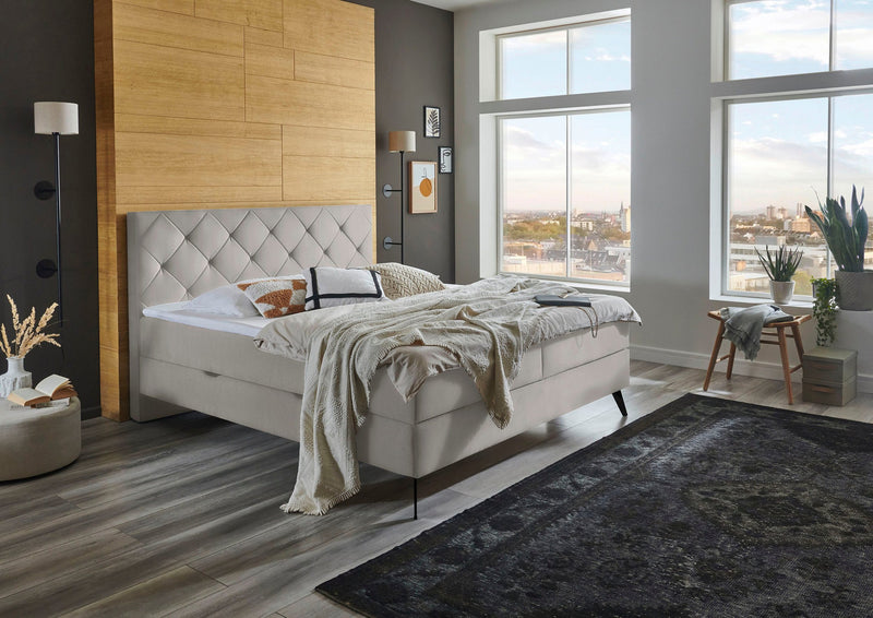 Pat Boxspring Leo2 bej cu saltele, topper, depozitare 180x200 cm - LunaHome.ro