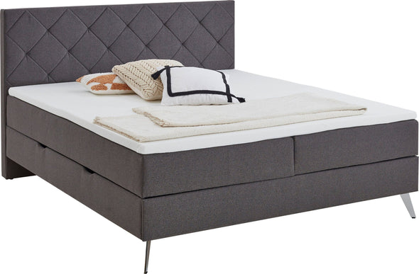 Pat Boxspring Leo2 gri cu saltele, topper, depozitare 180x200 cm