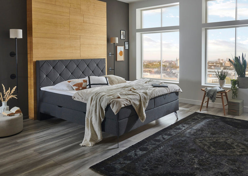 Pat Boxspring Leo2 gri cu saltele, topper, depozitare 180x200 cm - LunaHome.ro