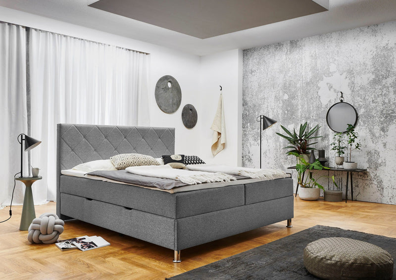 Pat Boxspring Leo gri cu saltele, topper, depozitare 180x200 cm - LunaHome.ro