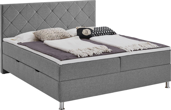 Pat Boxspring Leo gri cu saltele, topper, depozitare 180x200 cm