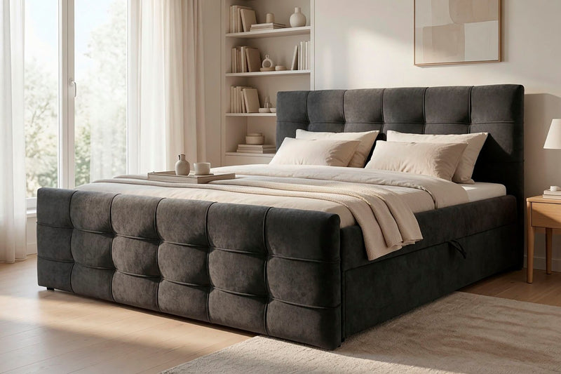 Pat Boxspring Lilienne din catifea gri antracit cu depozitare 180x200 cm