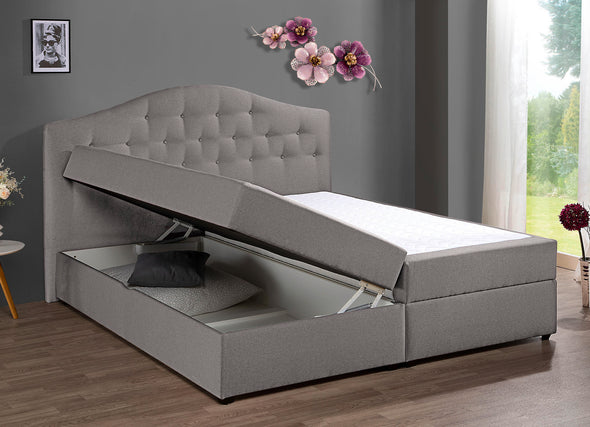 Pat Boxspring gri cu topper si somiere rabatabile 180x200 cm