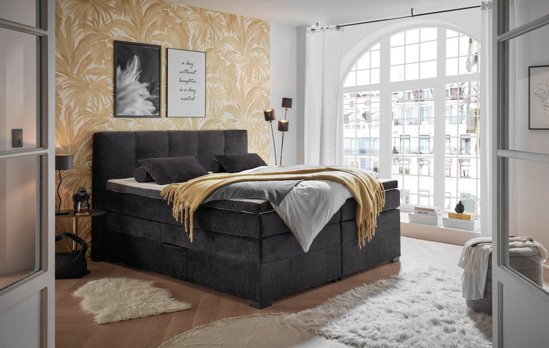 Pat Fanes boxspring complet cu depozitare gri inchis 180x200 cm - LunaHome.ro