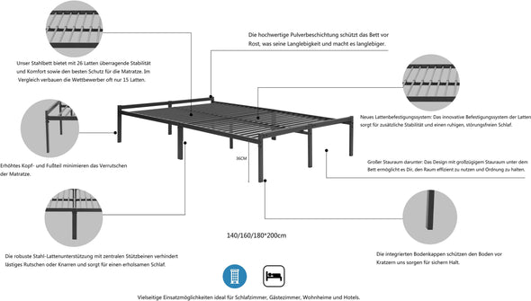 Pat List cu somiera inclusa din metal negru 140x200 cm - LunaHome.ro