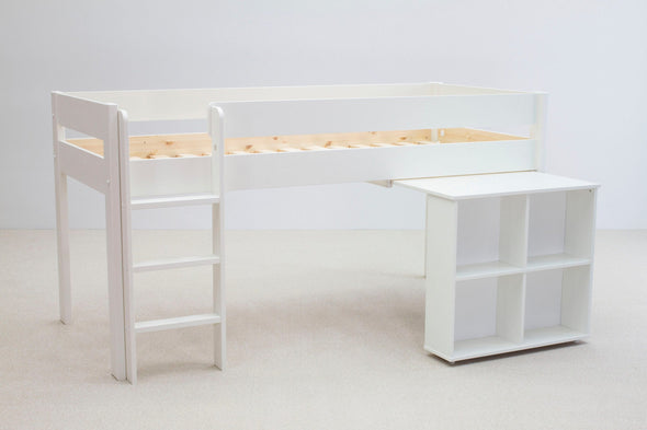 Pat etajat Robin cu scara, birou si comode 90x200 cm din lemn de pin - LunaHome.ro