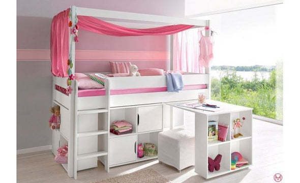 Pat etajat Robin cu scara, birou si comode 90x200 cm din lemn de pin - LunaHome.ro