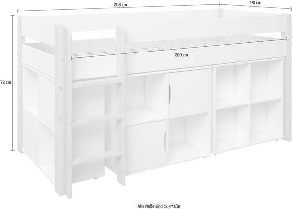 Pat etajat Robin cu scara, birou si comode 90x200 cm din lemn de pin - LunaHome.ro