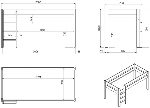 Pat etajat Robin cu scara, birou si comode 90x200 cm din lemn de pin - LunaHome.ro