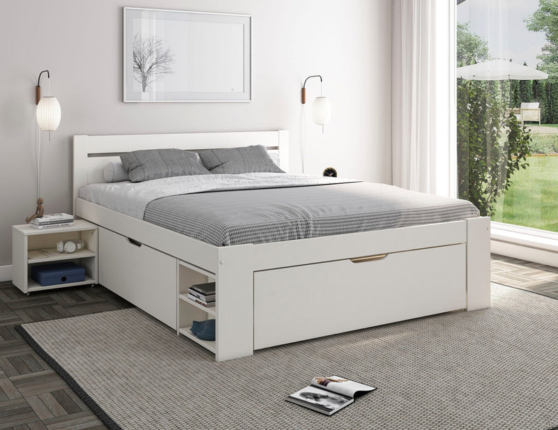 Pat alb Hannes din lemn de pin cu sertare 160x200 cm - LunaHome.ro